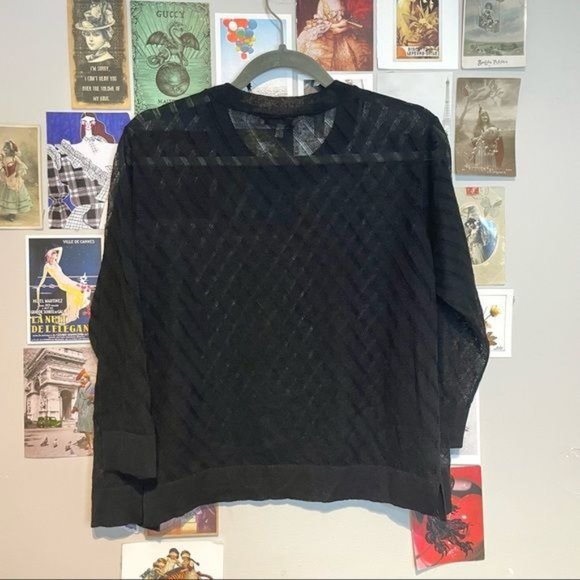 DOROTHEE SCHUMACHER SHEER STRIPED CREW NECK STEP HEM BOXY KNIT LINEN BLEND BLACK - Picture 3 of 6